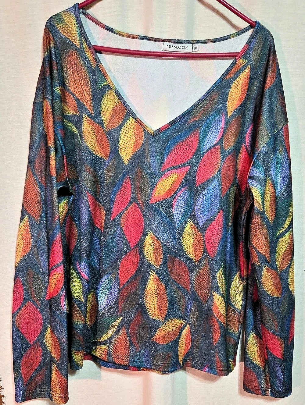 Misslook Multicolor Leaf Print V-Neck Top Size 2XL Like New